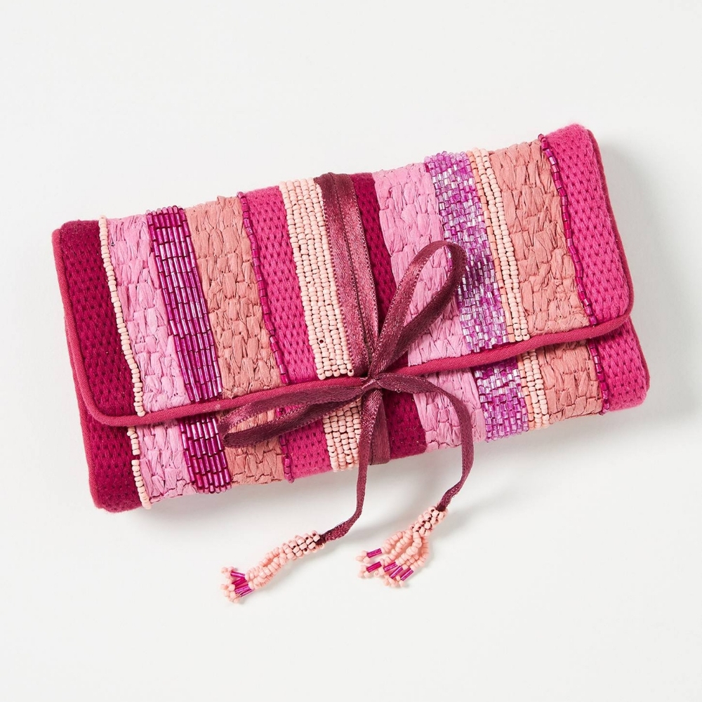 Anthropologie Pink & Magenta Beaded Straw Fold Clutch